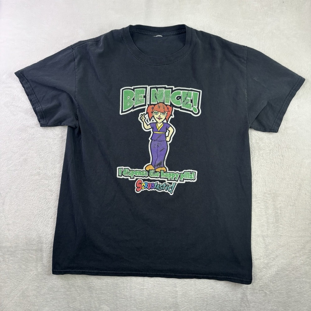 Y2K Be Nice I Dispense The Happy Pills Scubtastic Black SS Graphic Shirt Men's L